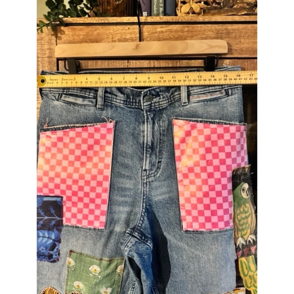 Unique upcycled Bird Patchwork Straight Leg Jeans Eclectic Boho Denim 14/32 - Picture 5 of 14